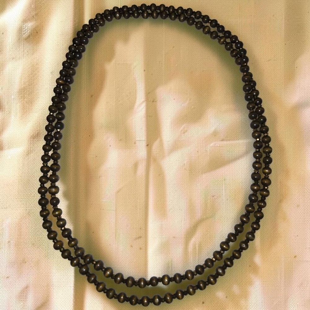 Vintage Extra Long Wood Bead & Bronze Spacer Necklace 59"